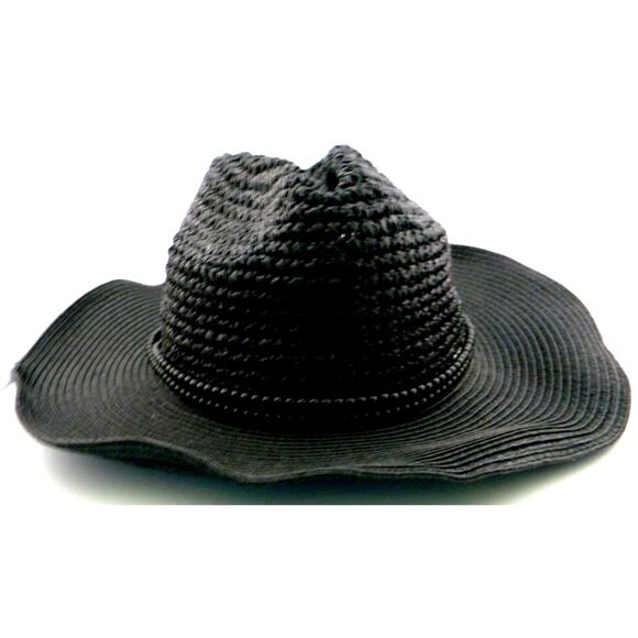 Vince Camuto Women's Black‎ Woven Paper Straw Sun Hat Beaded Band OS Beach - Picture 1 of 6